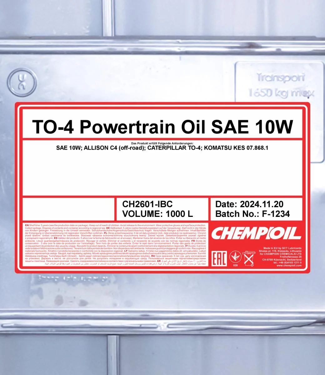 CHEMPIOIL - CH2601IBC - TO-4 Powertrain Oil SAE 10W 1000L