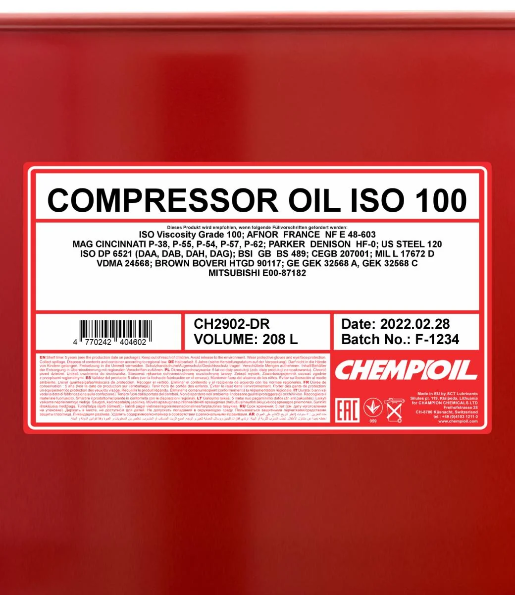 CHEMPIOIL - CH2902DR - Compressor Oil ISO 100 208L