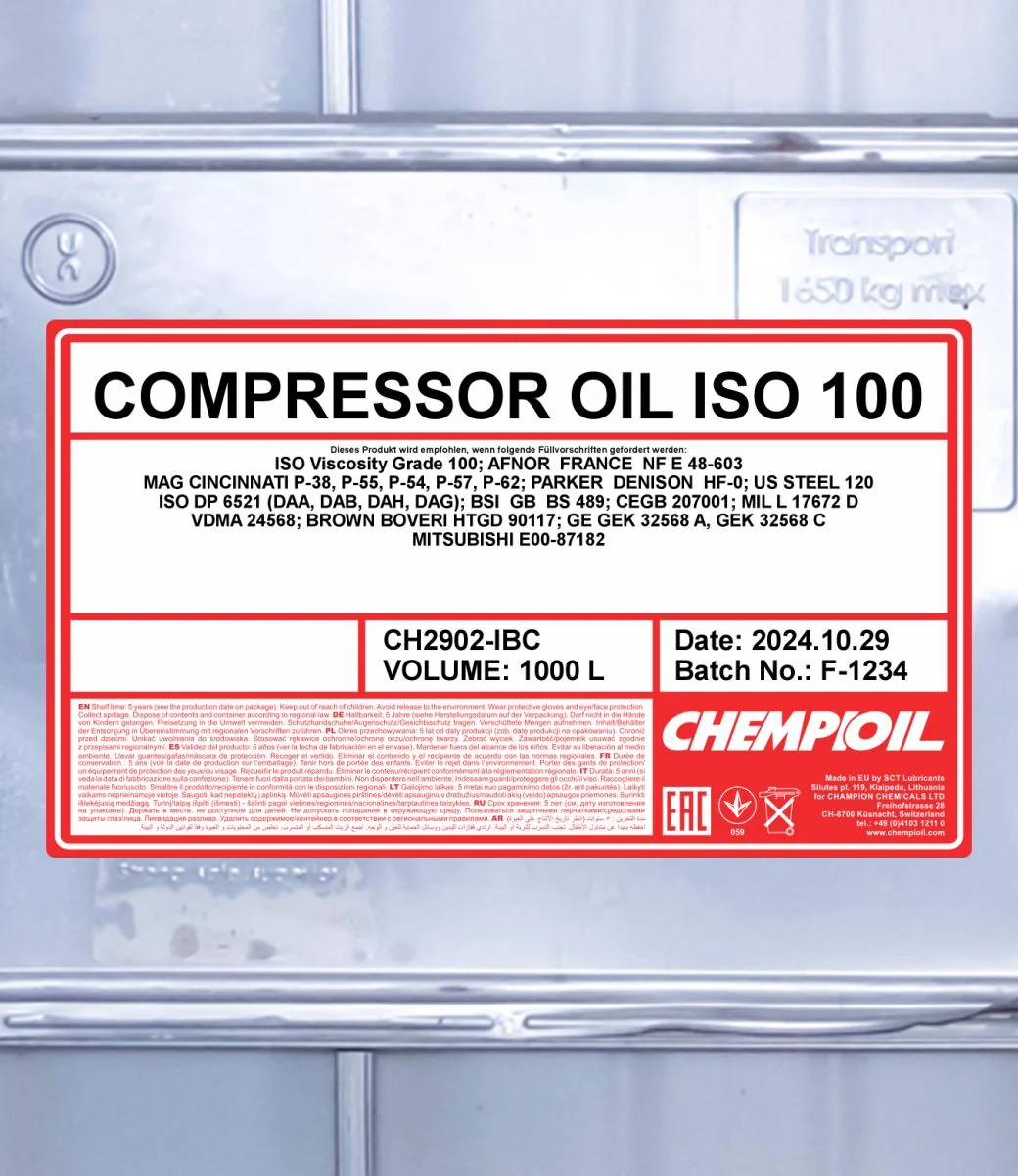 CHEMPIOIL - CH2902IBC - Compressor Oil ISO 100 1000L