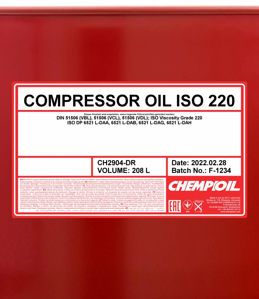 CHEMPIOIL - CH2904DR - Compressor Oil ISO 220 208L