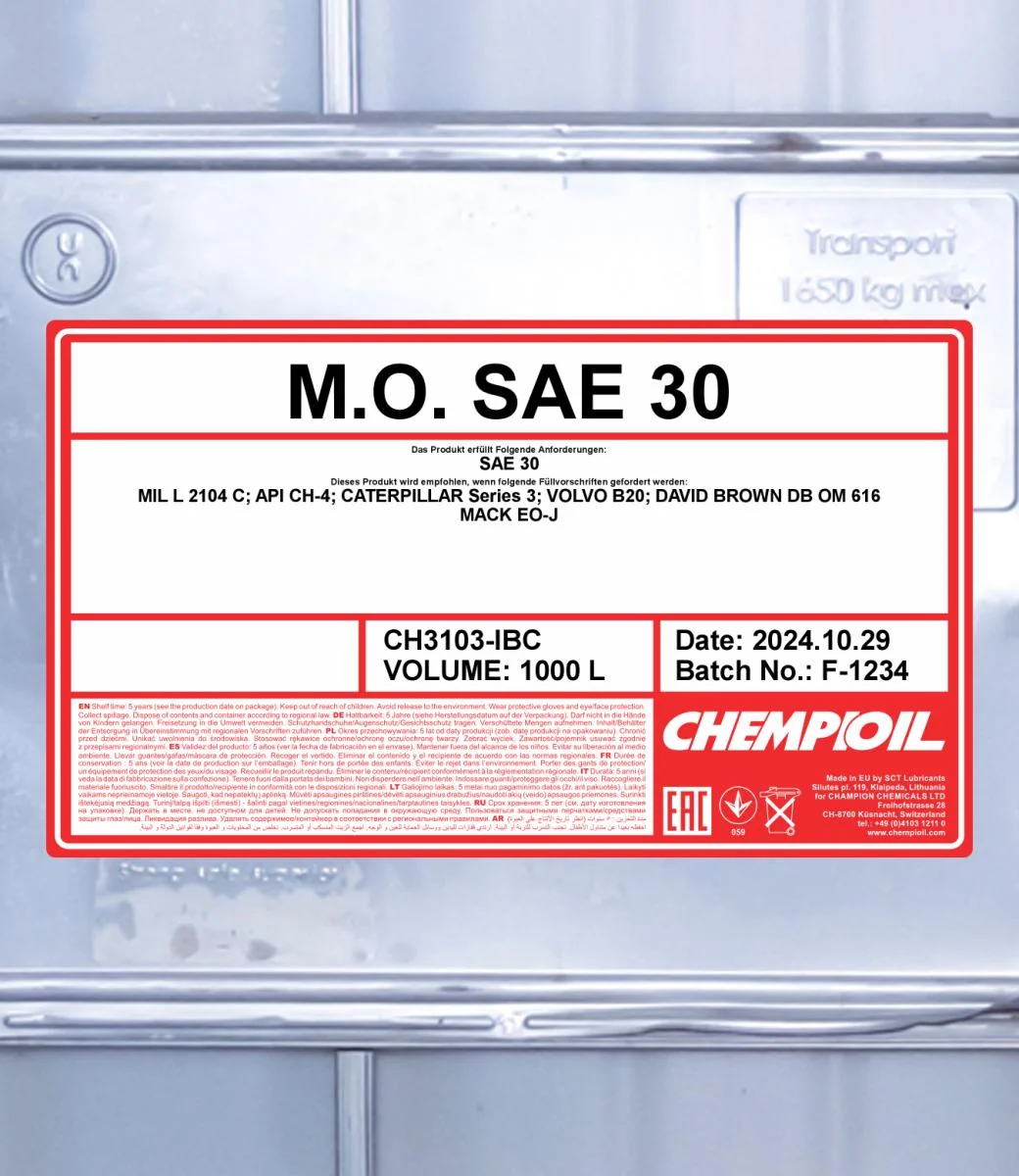 CHEMPIOIL - CH3103IBC - M.O. SAE 30 1000L