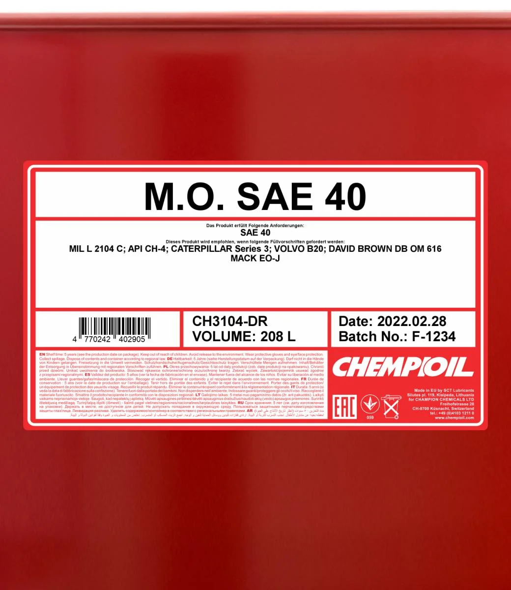 CHEMPIOIL - CH3104DR - M.O. SAE 40 208L