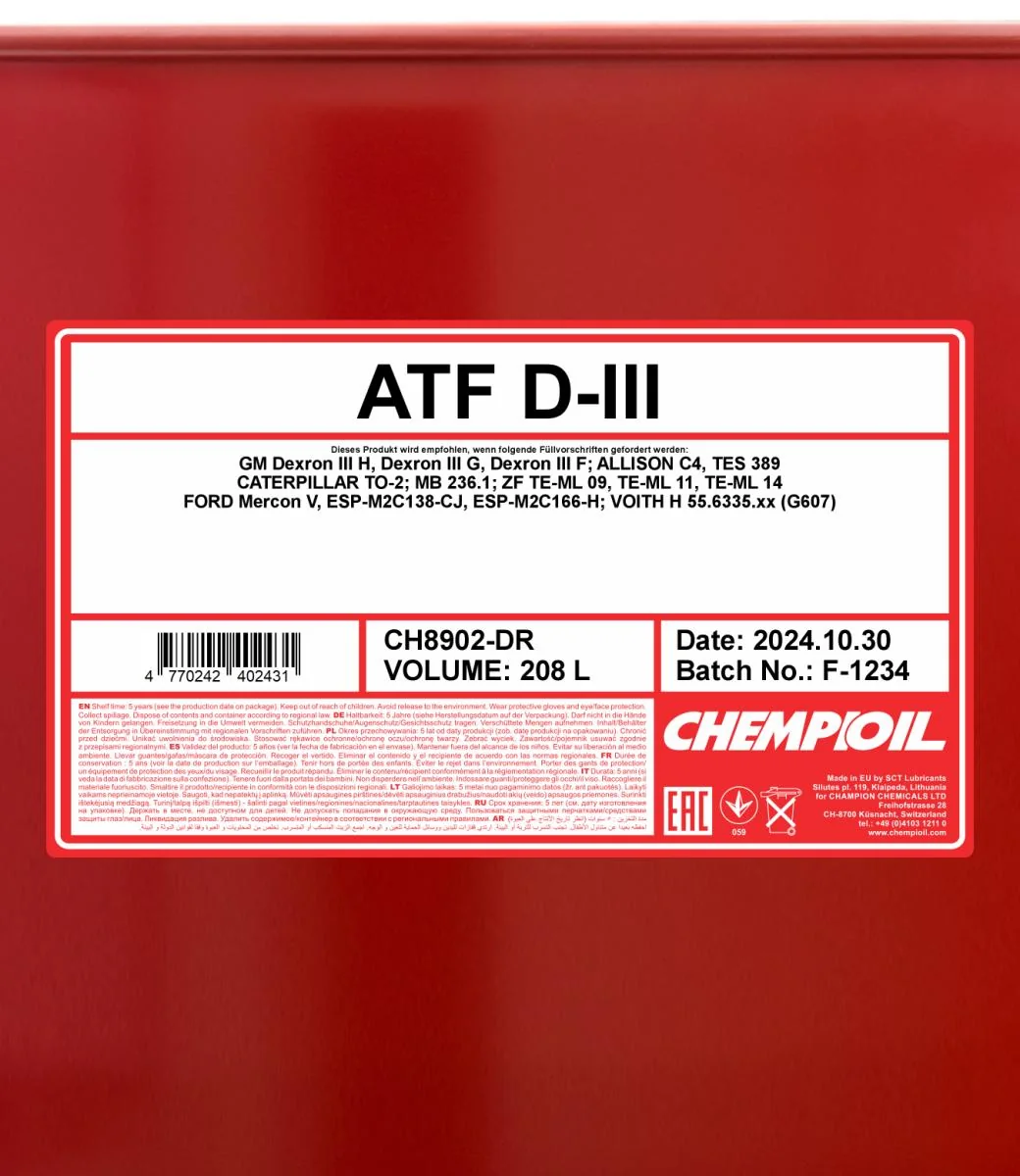 CHEMPIOIL - CH8902DR - ATF D-III 208L