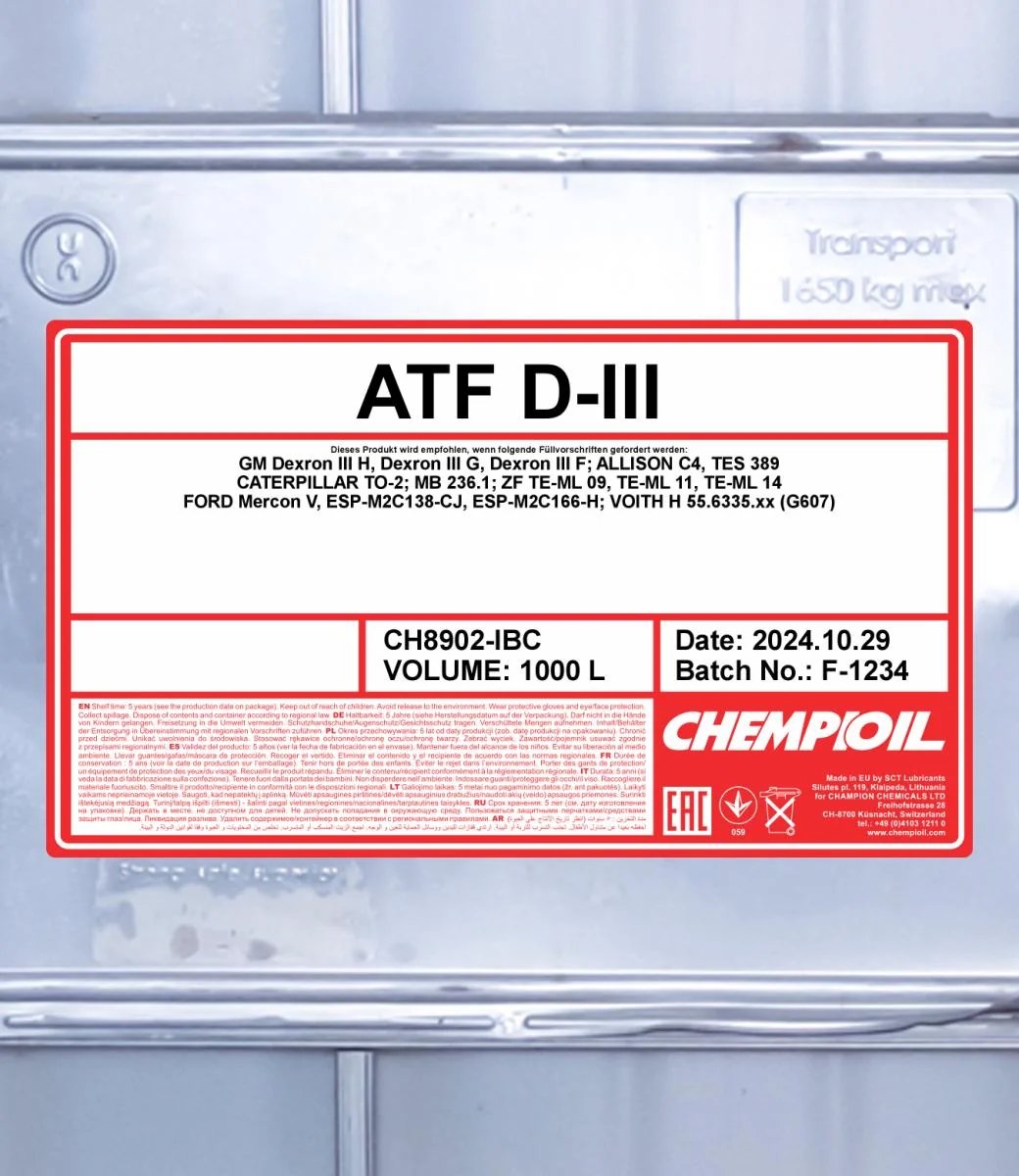 CHEMPIOIL - CH8902IBC - ATF D-III 1000L