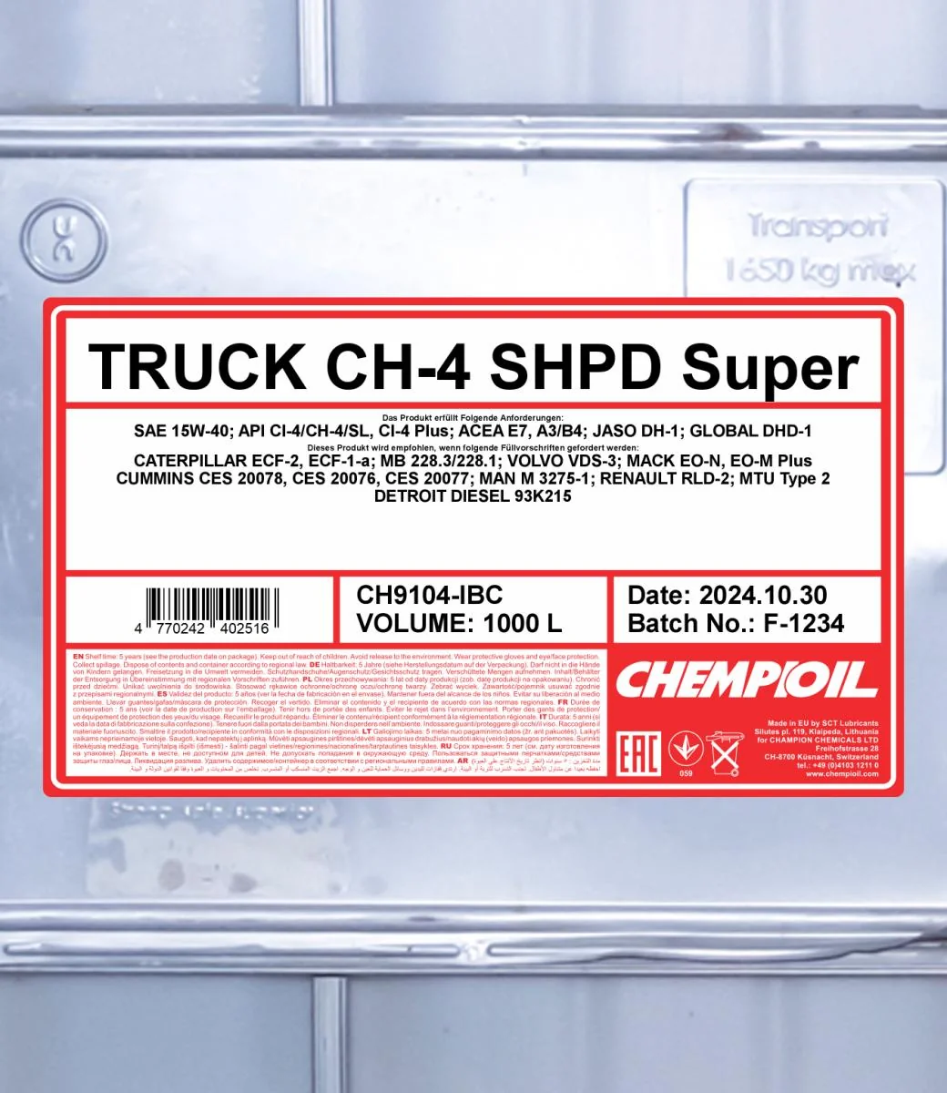 CHEMPIOIL - CH9104IBC - CH-4 Truck Super SHPD 15W-40 1000L