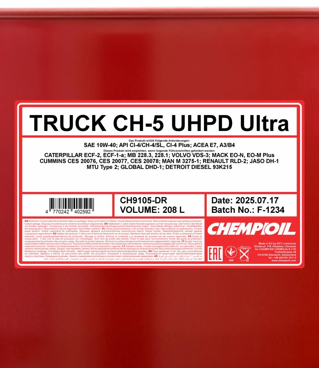 CHEMPIOIL - CH9105DR - CH-5 Truck Ultra UHPD 10W-40 208L