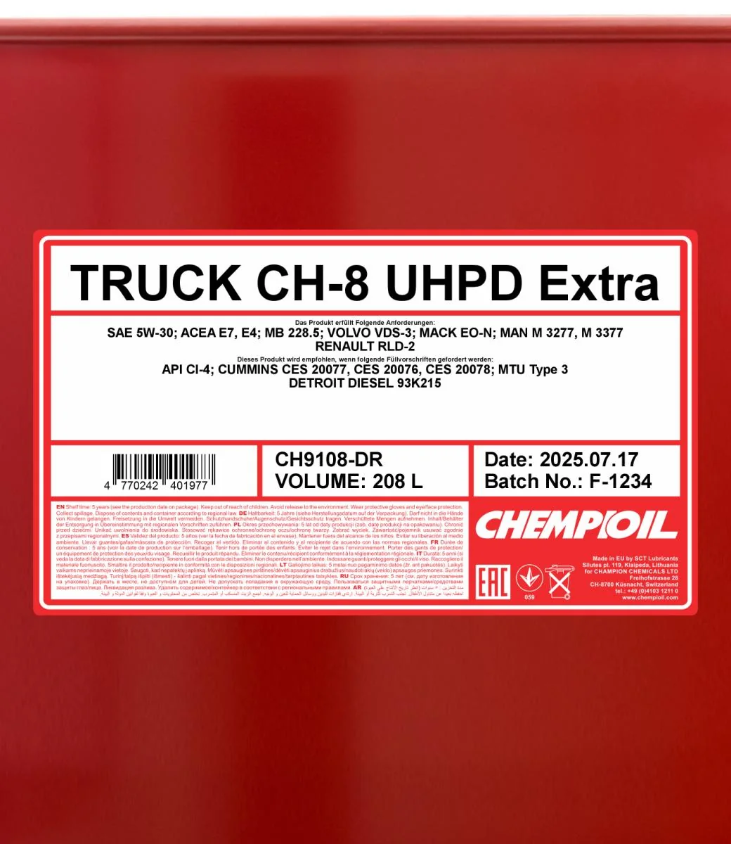 CHEMPIOIL - CH9108DR - CH-8 Truck Extra 5W-40 208L