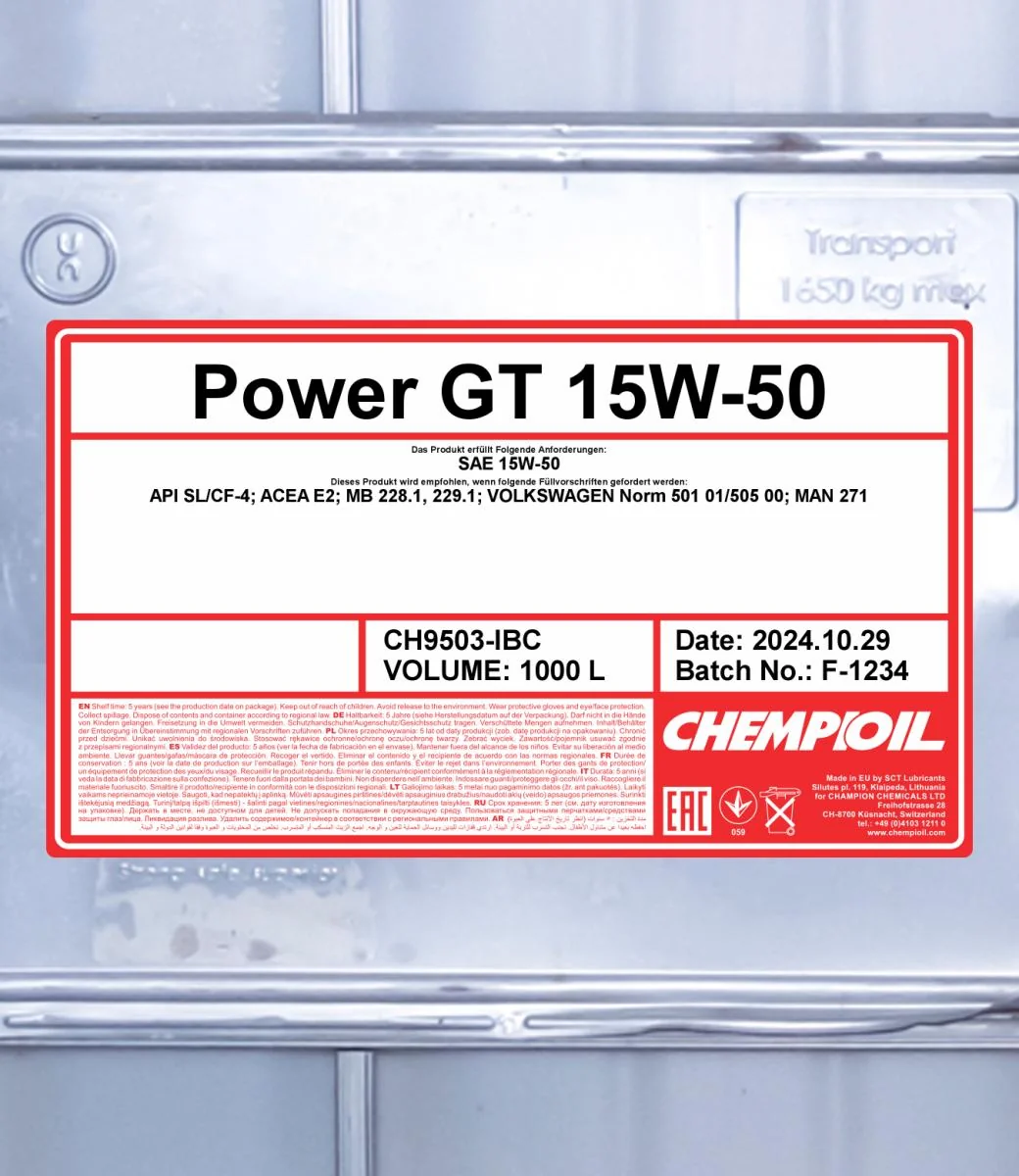 CHEMPIOIL - CH9503IBC - Power GT 15W-50 1000L