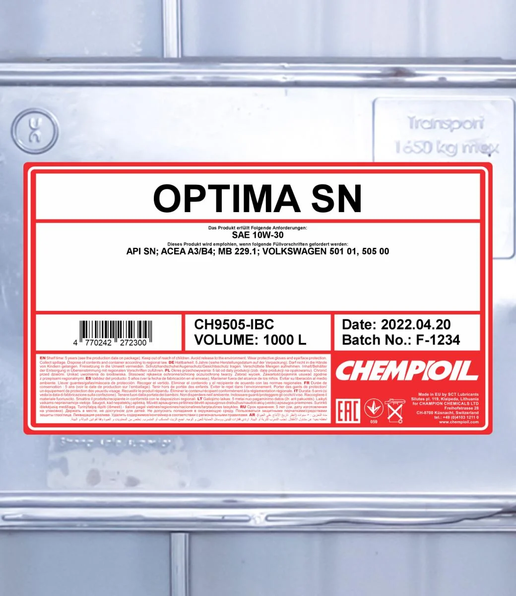 CHEMPIOIL - CH9505IBC - Optima SN 10W-30 1000L