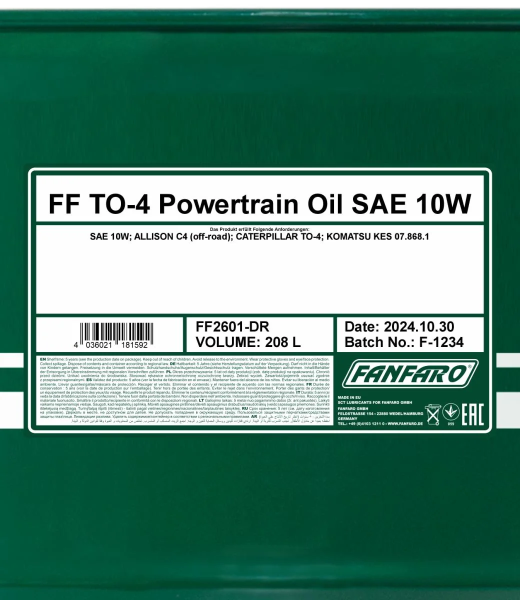 FANFARO - FF2601DR - TO-4 Powertrain Oil SAE 10W 208L