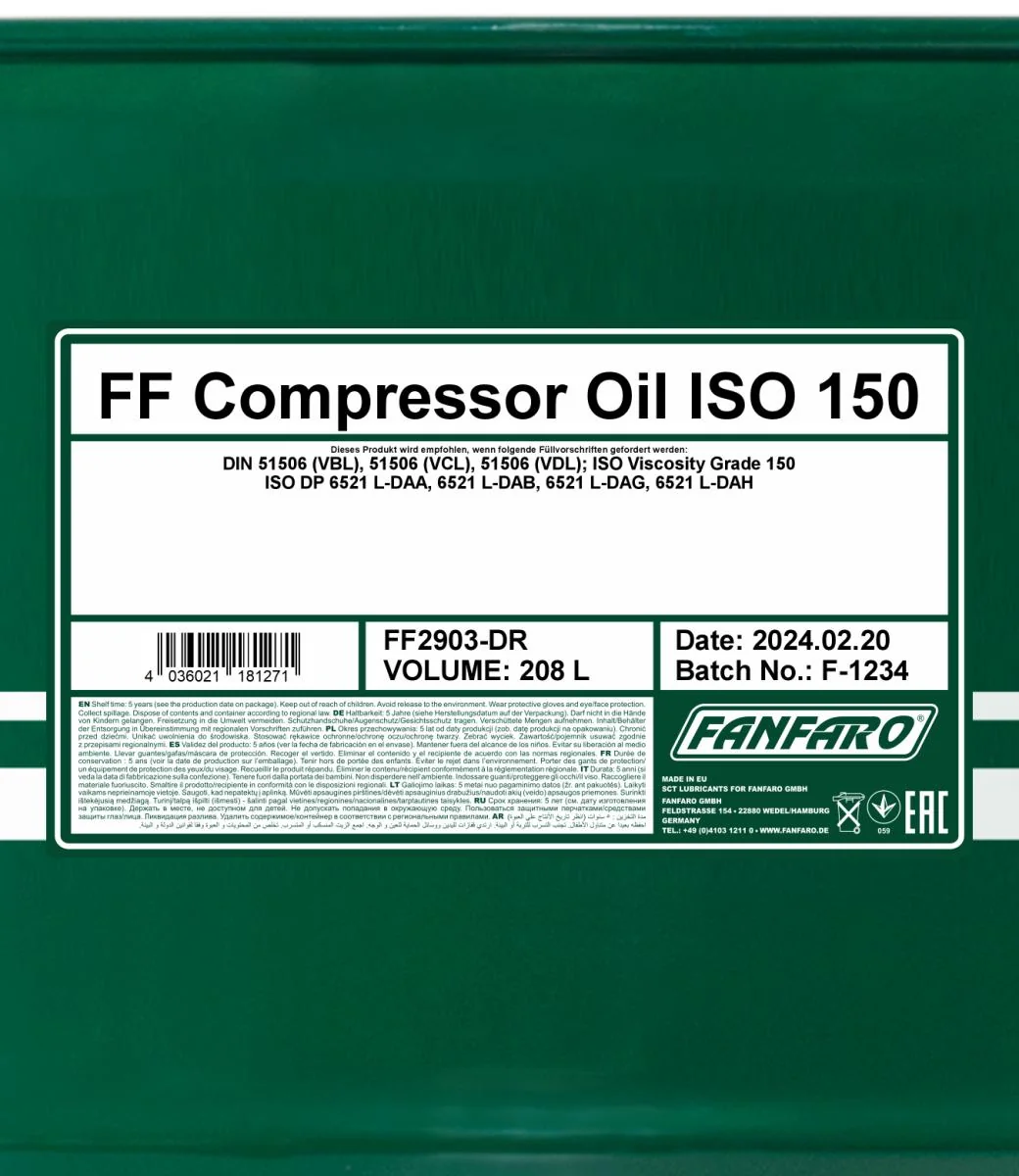 FANFARO - FF2903DR - Compressor Oil ISO 150 208L