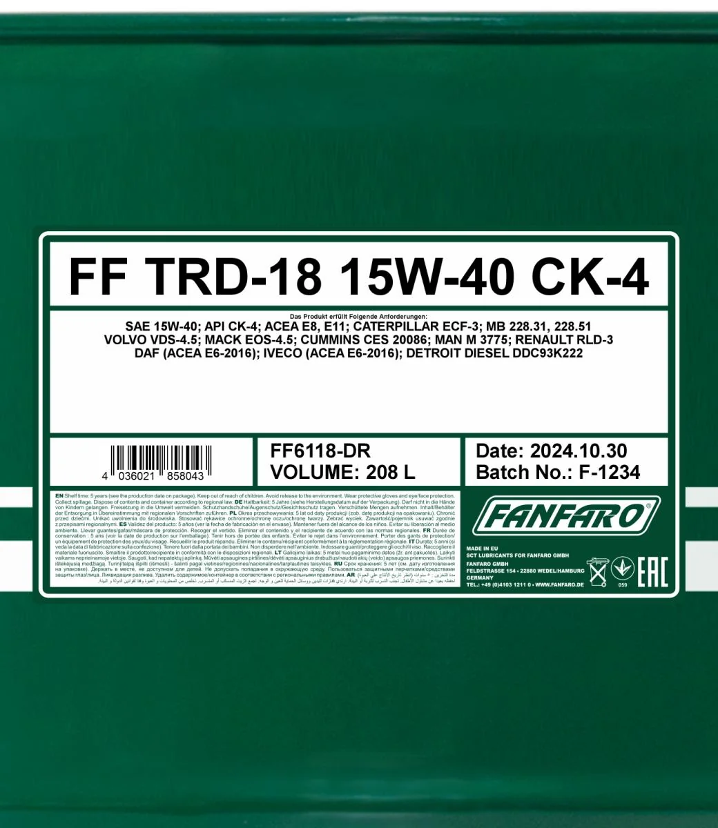 FANFARO - FF6118DR - TRD-18 SHPD 15W-40 208L