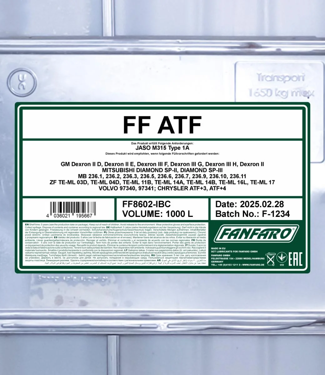 FANFARO - FF8602IBC - ATF Universal Full Synthetic 1000L