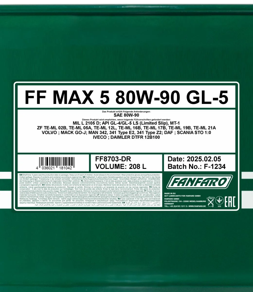 FANFARO - FF8703DR - MAX 5 80W-90 GL-5 LS 208L