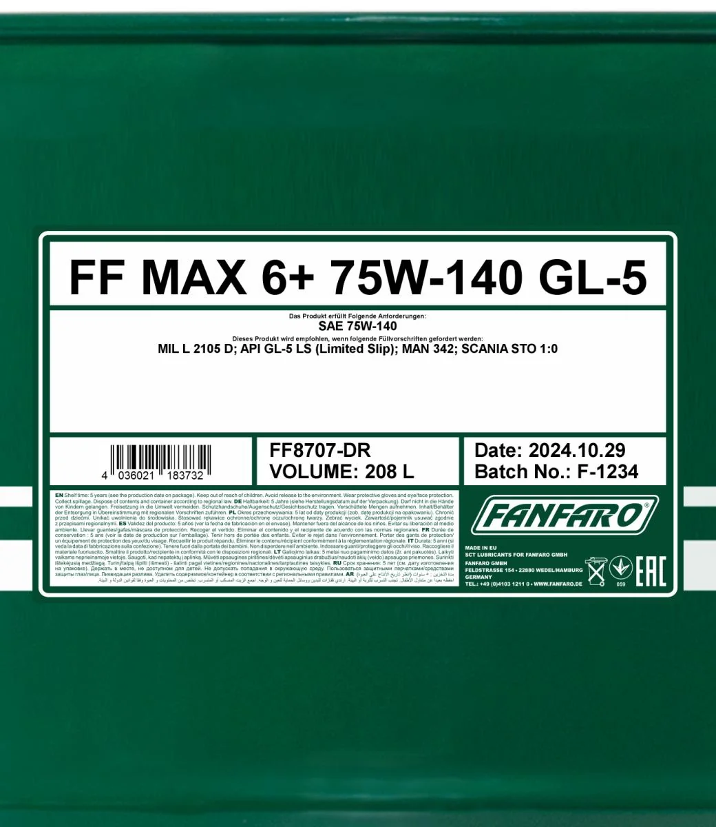 FANFARO - FF8707DR - MAX 6+ 75W-140 GL-5 208L