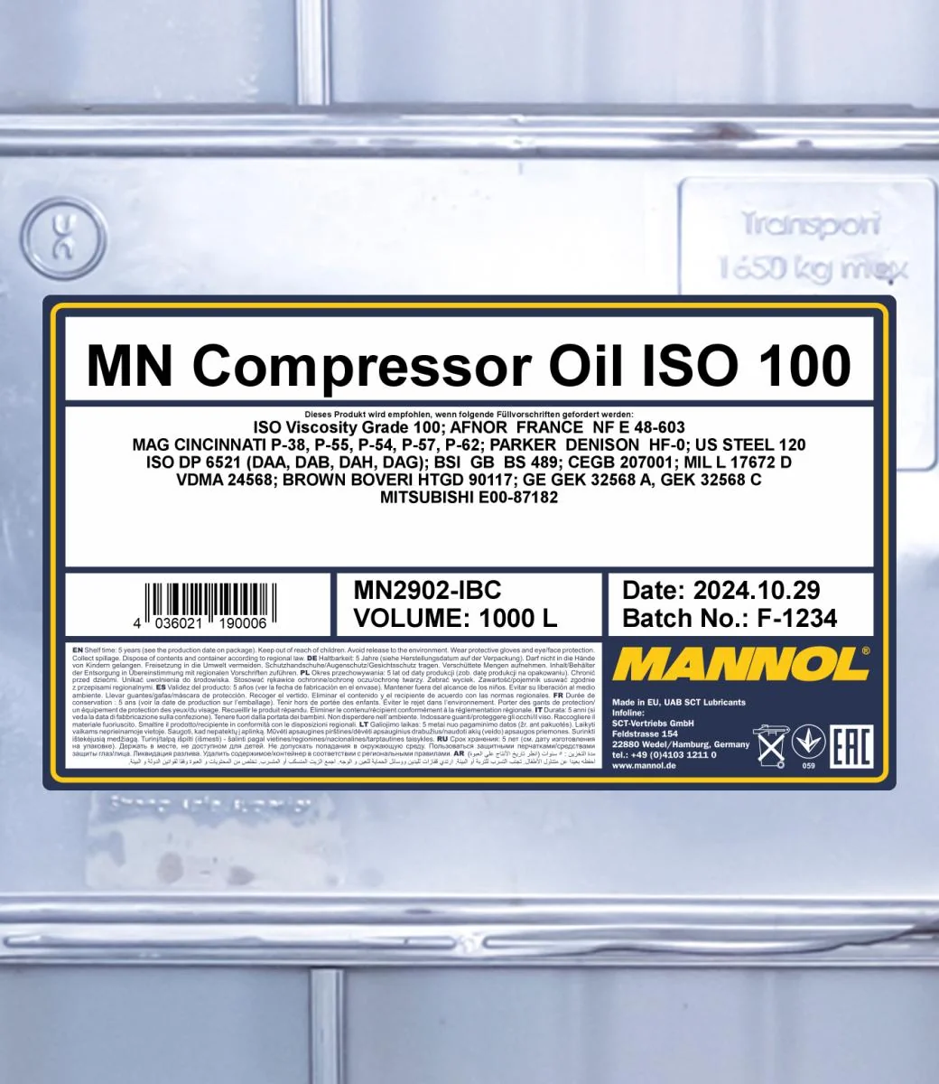 MANNOL® - MN2902IBC - Compressor Oil ISO 100 2902 1000L
