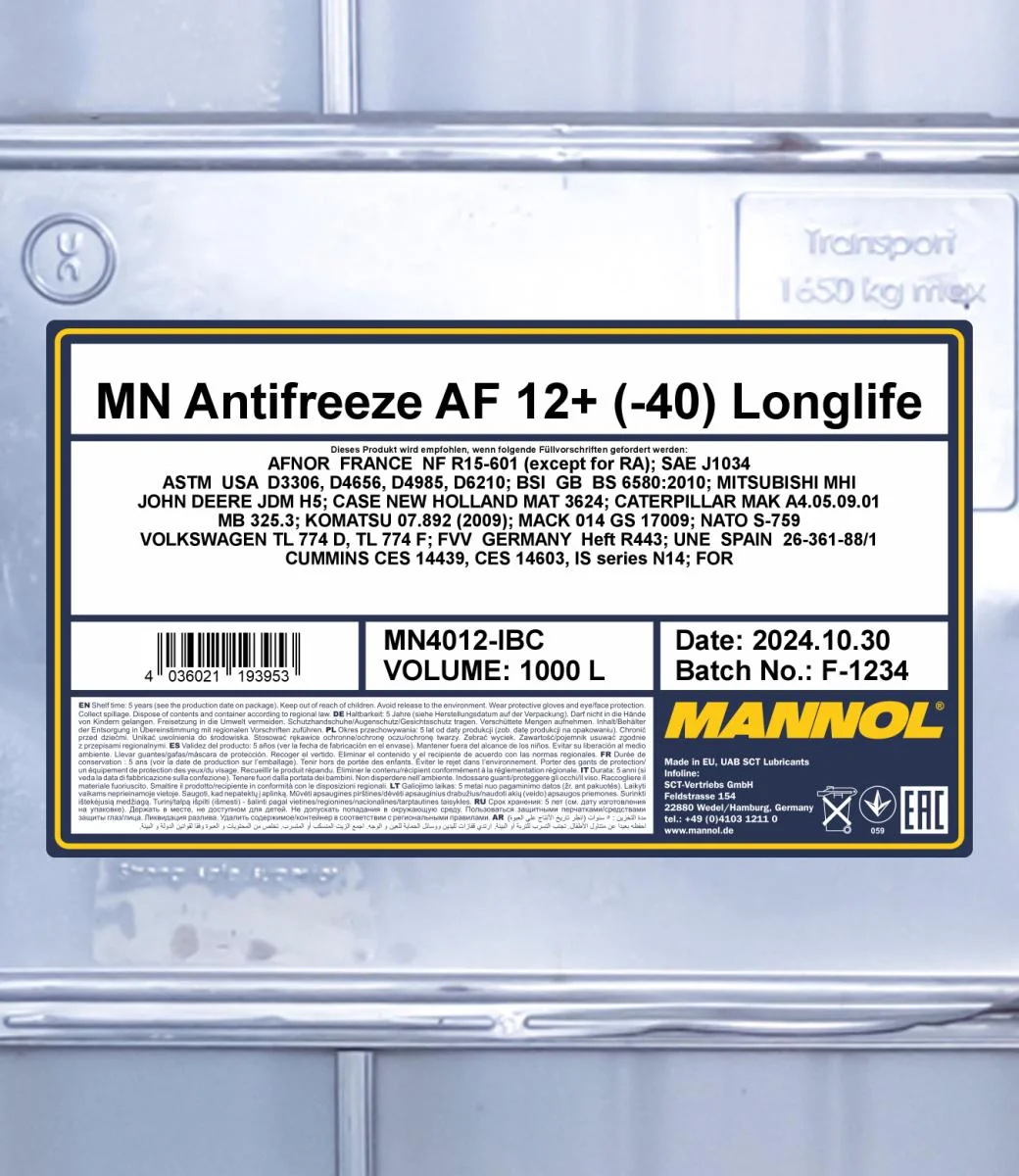 MANNOL® - MN4012IBC - Antifreeze AF12+ (-40) Longlife 1000L