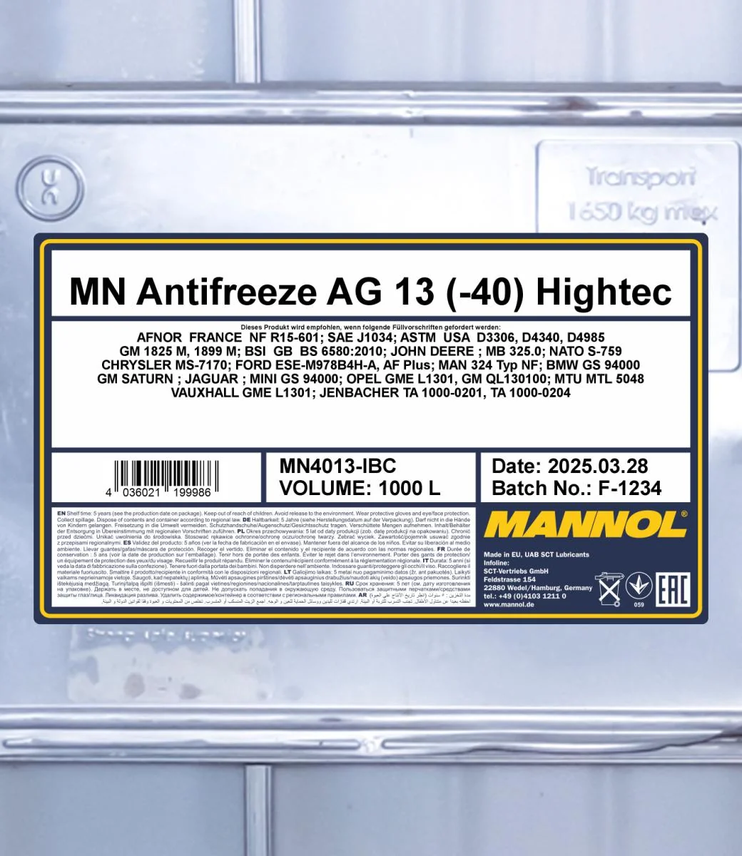 MANNOL® - MN4013IBC - Antifreeze AG13 (-40) Hightec 1000L
