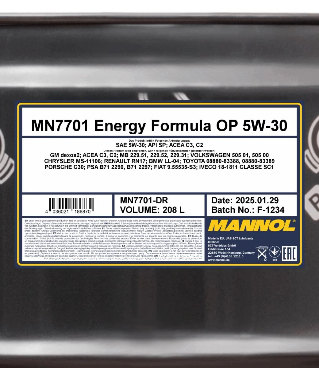 MANNOL® - MN7701DR - 7701 Energy Formula OP 5W-30 208l