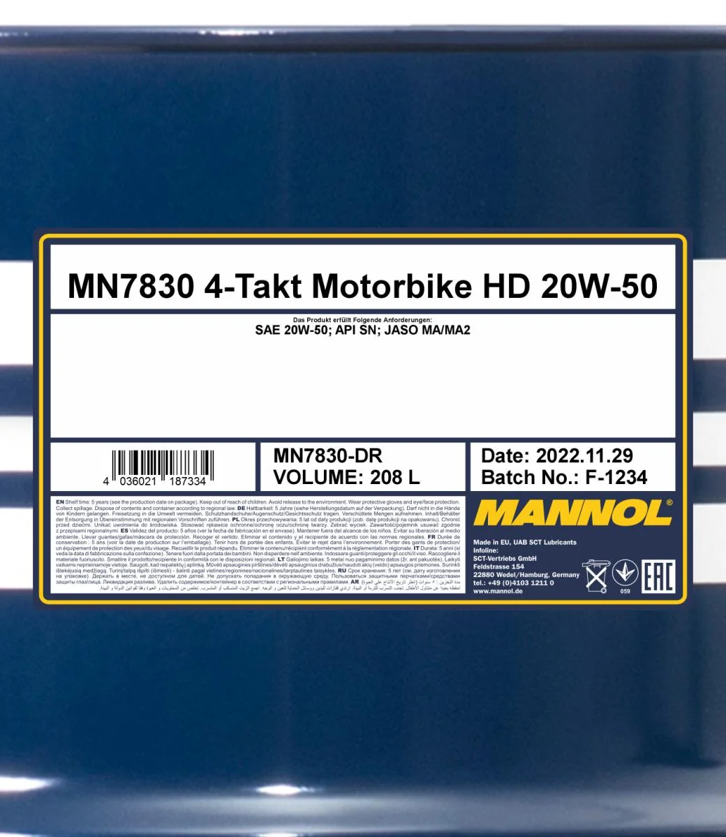 MANNOL® - MN7830DR - 7830 4-Stroke Motorbike 20W-50 HD 208L