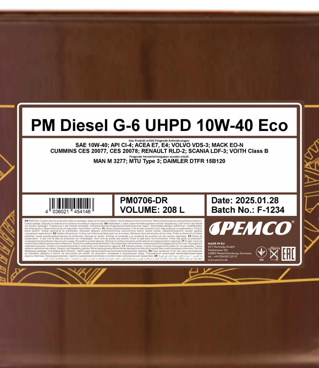 PEMCO - PM0706DR - Diesel G-6 UHPD 10W-40 ECO 208L