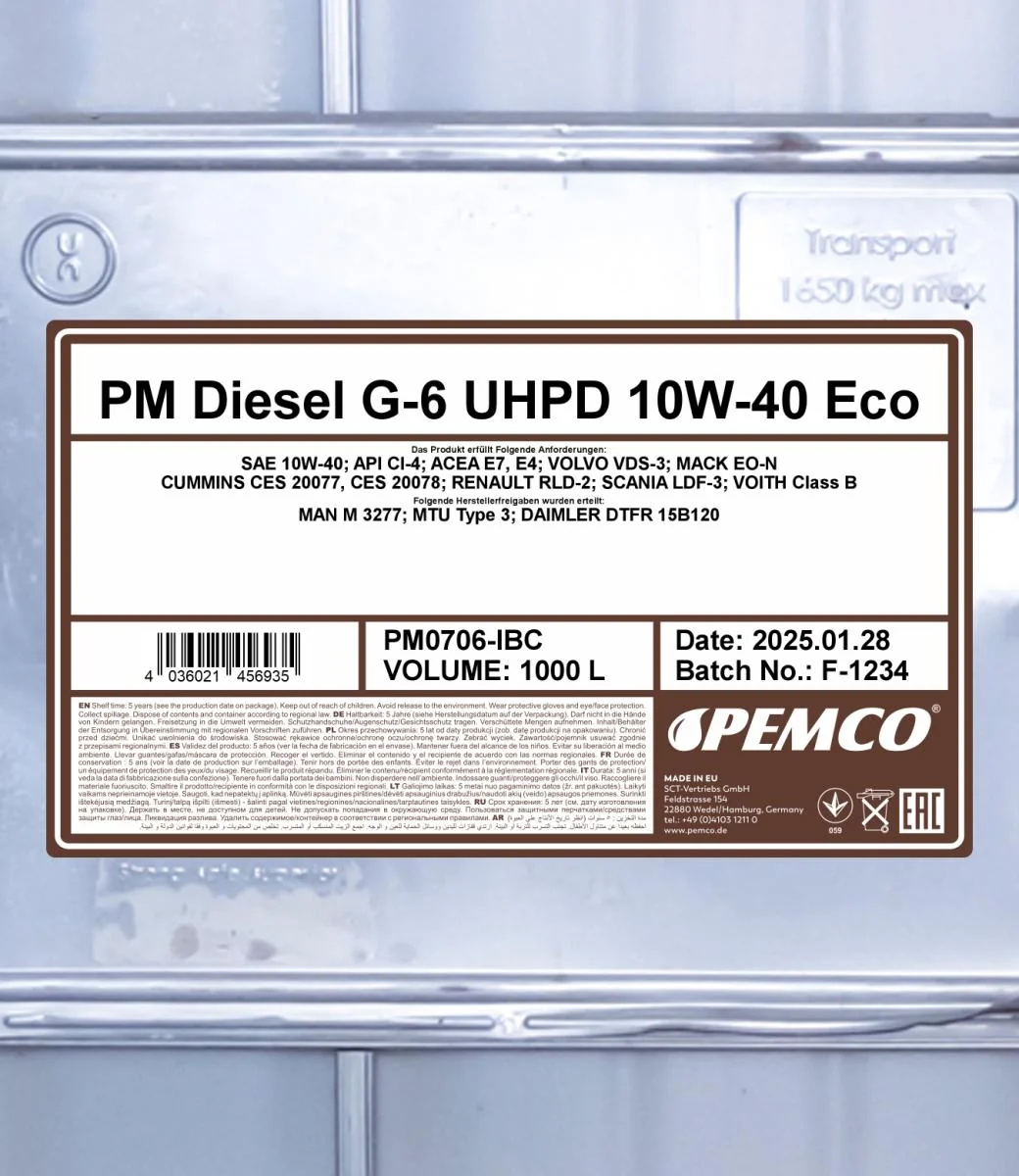 PEMCO - PM0706IBC - Diesel G-6 UHPD 10W-40 ECO 1000L