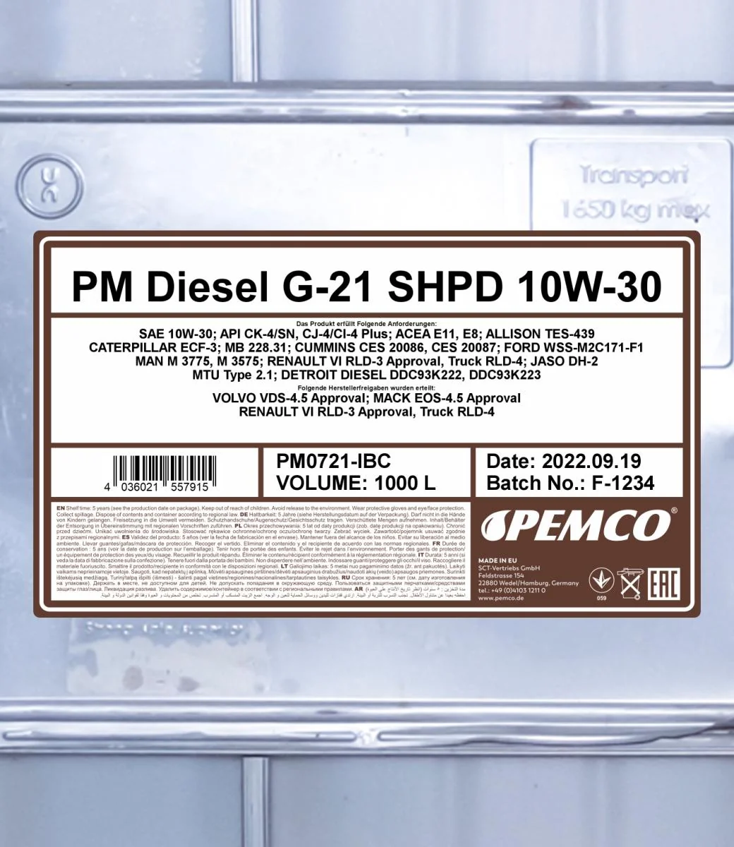 PEMCO - PM0721IBC - Diesel G-21 SHPD 10W-30 1000L