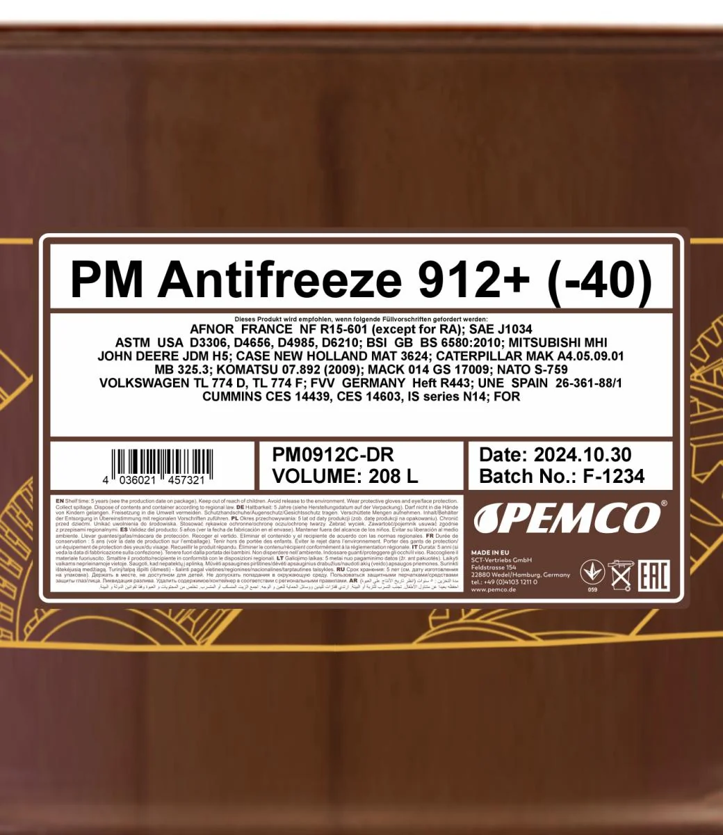 PEMCO - PM0912CDR - Antifreeze 912+ (Concentrate) 208L