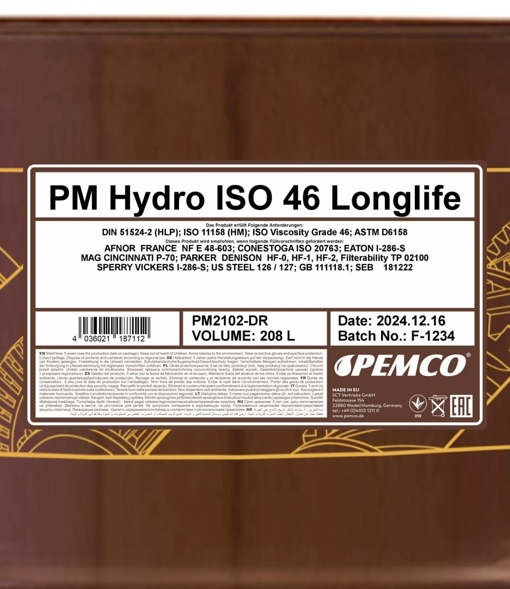 PEMCO - PM2102DR - Hydro ISO 46 LONGLIFE 208L