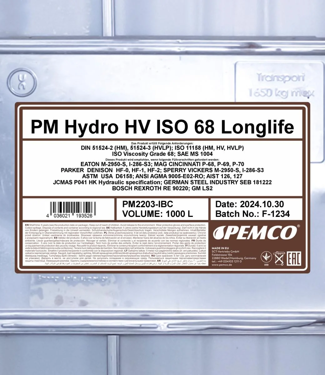 PEMCO - PM2203IBC - Hydro HV ISO 68 LONGLIFE 1000L