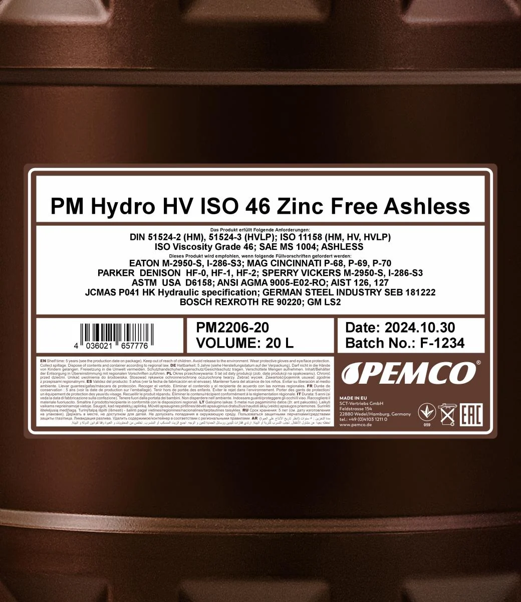 PEMCO - PM220620 - Hydro HV ISO 46 Zinc Free 20L