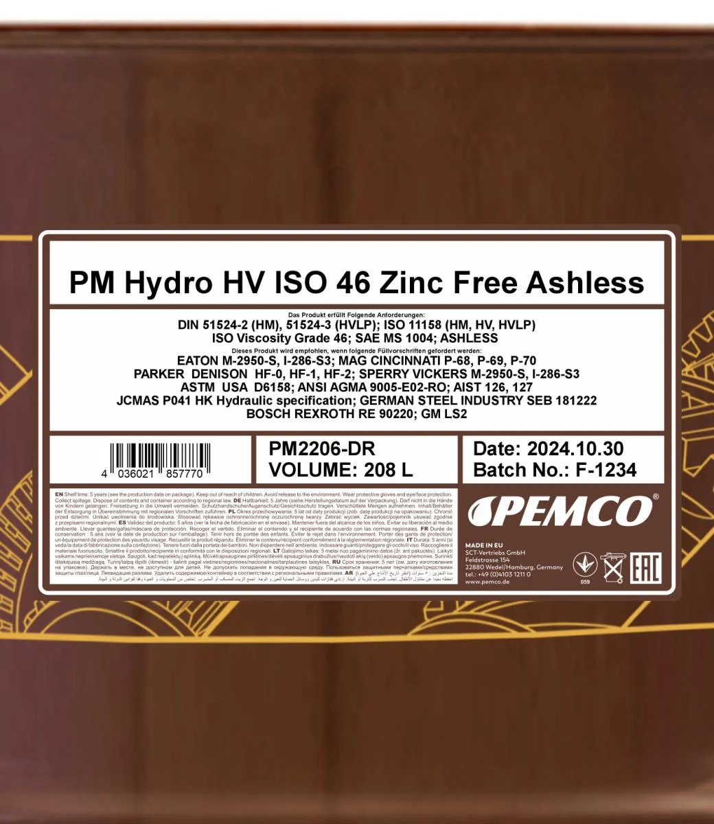 PEMCO - PM2206DR - Hydro HV ISO 46 Zinc Free 208L