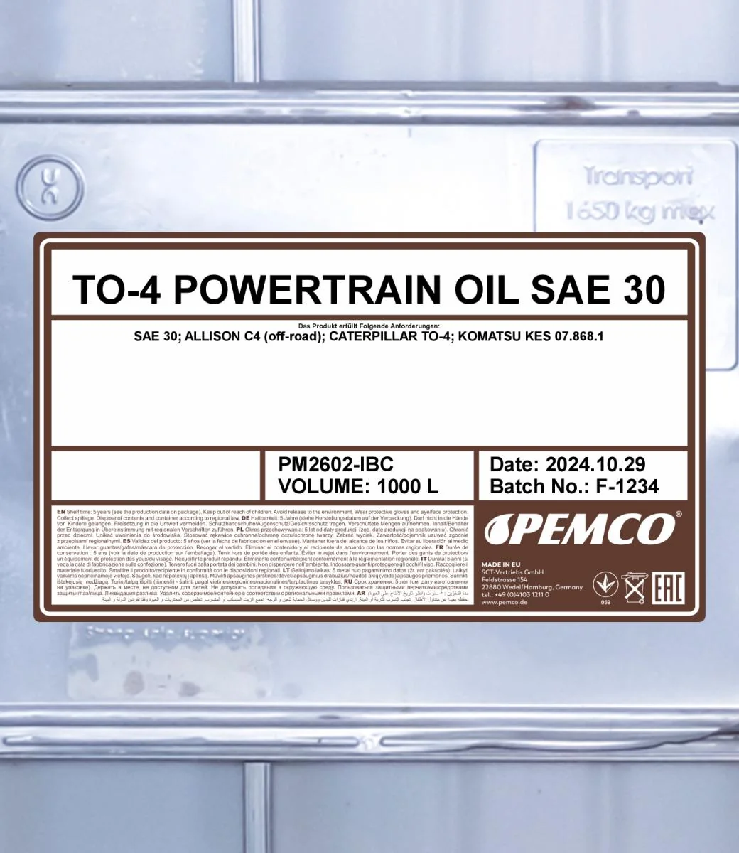 PEMCO - PM2602IBC - TO-4 Powertrain Oil SAE 30 1000L