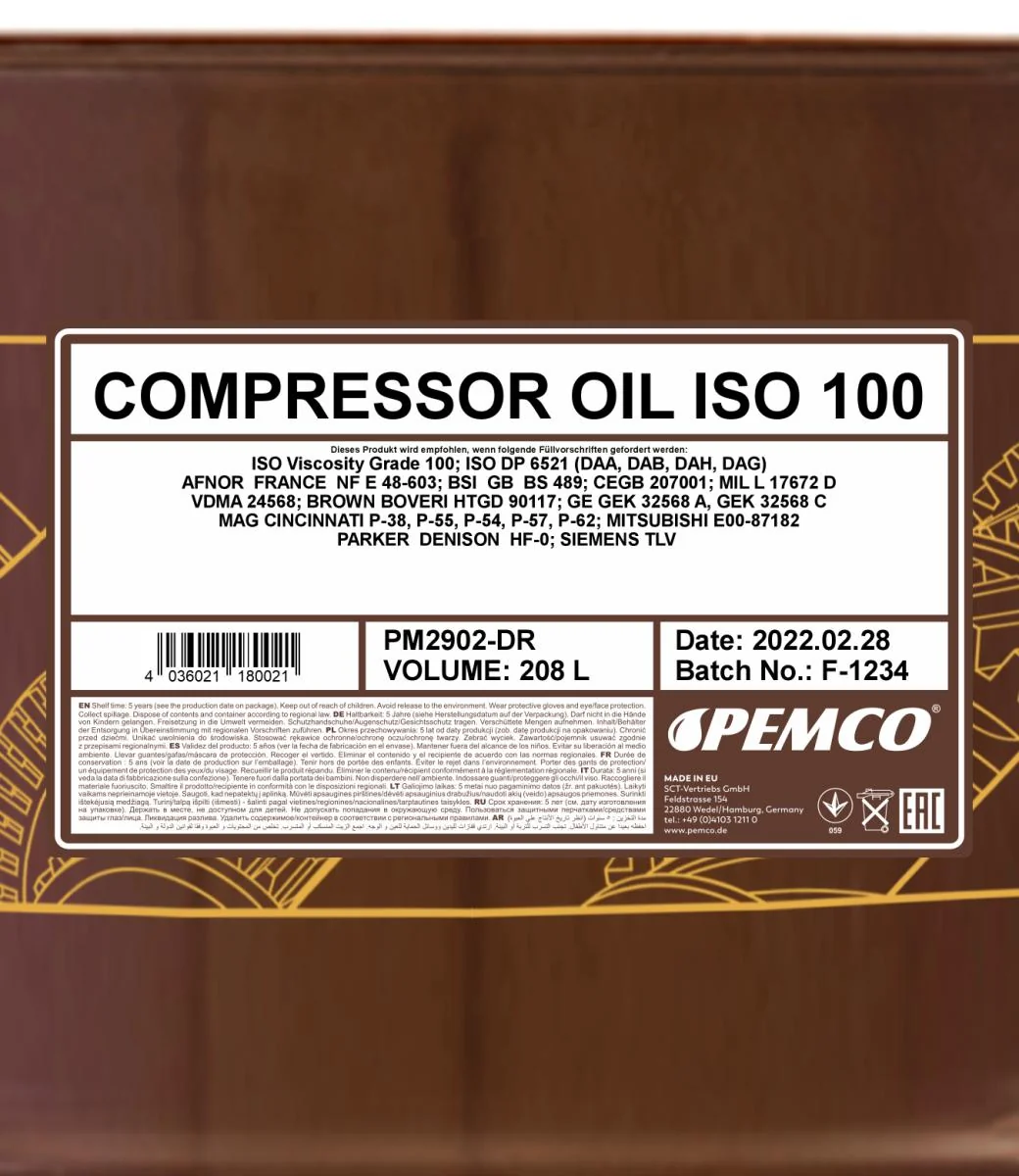 PEMCO - PM2902DR - Compressor Oil ISO 100 208L