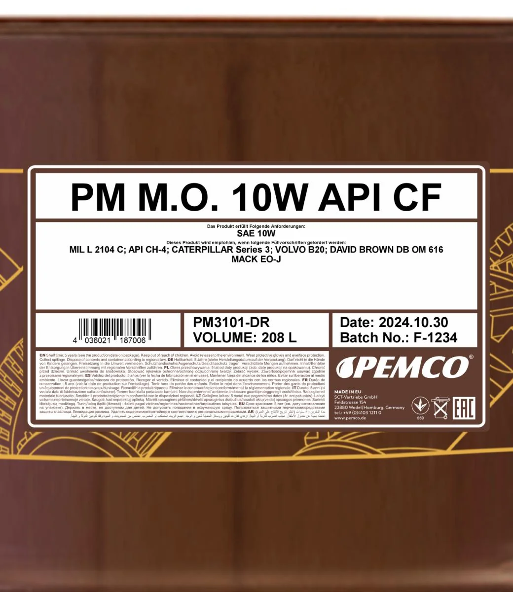 PEMCO - PM3101DR - M.O. SAE 10W 208L