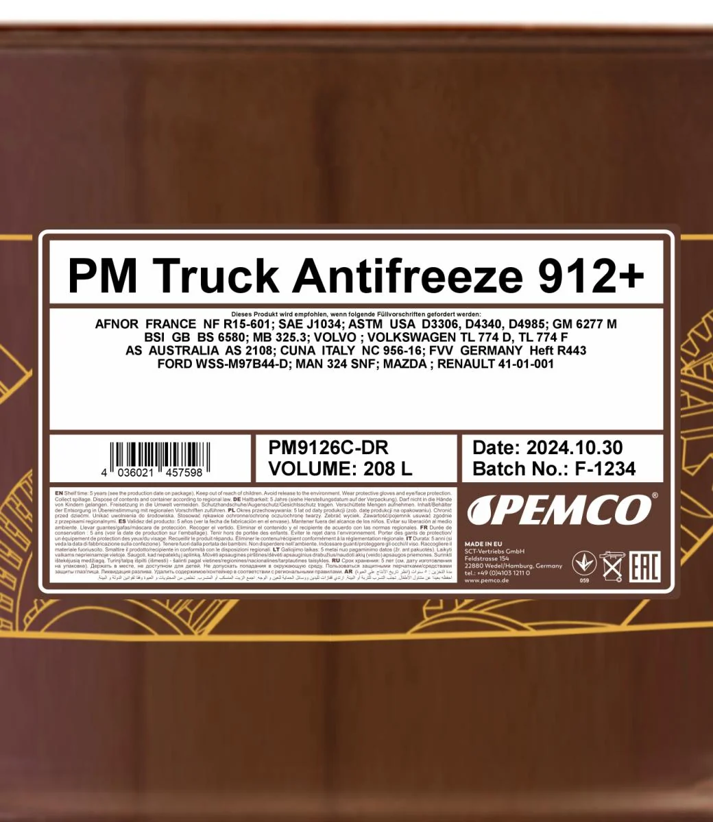 PEMCO - PM9126CDR - Truck Antifreeze 912+ (Concentrate) 208L