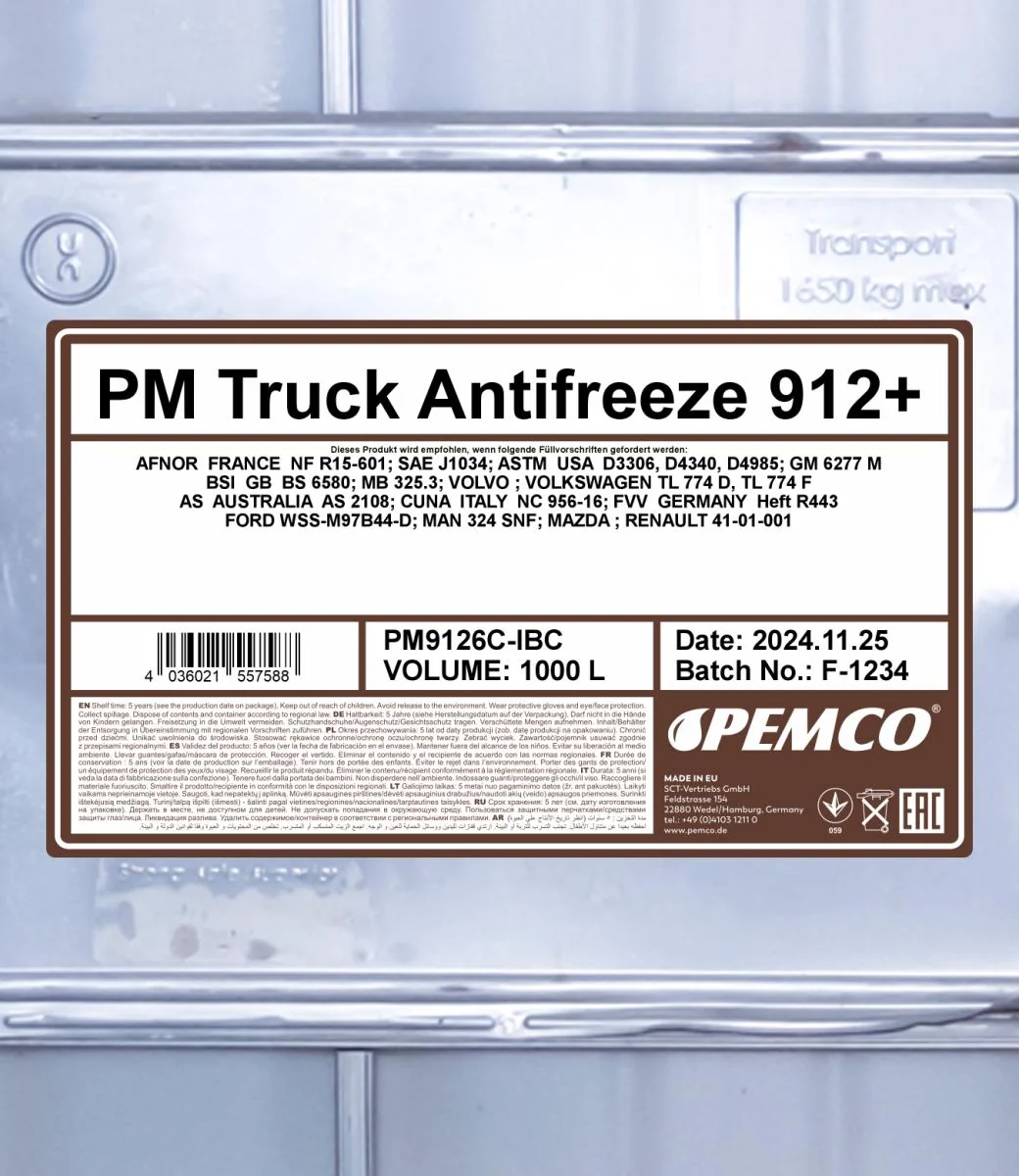 PEMCO - PM9126CIBC - Truck Antifreeze 912+ (Concentrate) 1000L