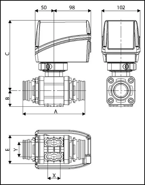 Arag - 853T25S66 - Electric 3-Way Ball Valve With Bottom Inlet And T6 Fork Coupling