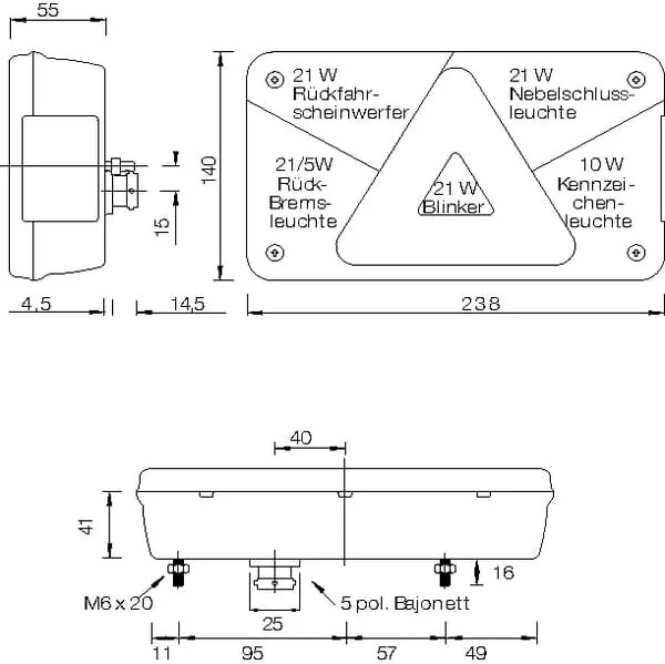 Aspöck - 248510007 - Rear Light LH Rectangular, Red/Transparent, Bolt On, 5-Pin, Multipoint V