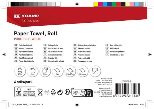 Kramp - CP11102KR - Paper Towel, White, On A Roll, 21 Cm x 275 M, 1-Ply, Outer Diameter 200 Mm, Embossed, 6 Rolls