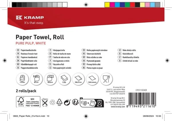 Kramp - CP21103KR - Paper Towel, White Roll, 28cm x 370m, 2ply, Outer, 2 Rolls