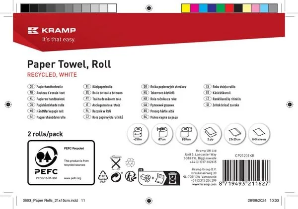 Kramp - CP21201KR - Paper Towel, White, On A Roll, 23 Cm x 250 M, 2-Ply, Outer Diameter 270 Mm, Embossed, 2 Rolls