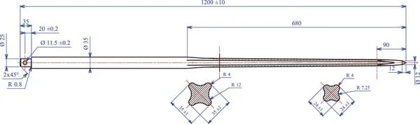 Kramp - FT484998KR - Loader Tine, Straight, Star Section 35x1200mm, Pointed Tip With Diameter 11.5 Roll Pin, Black