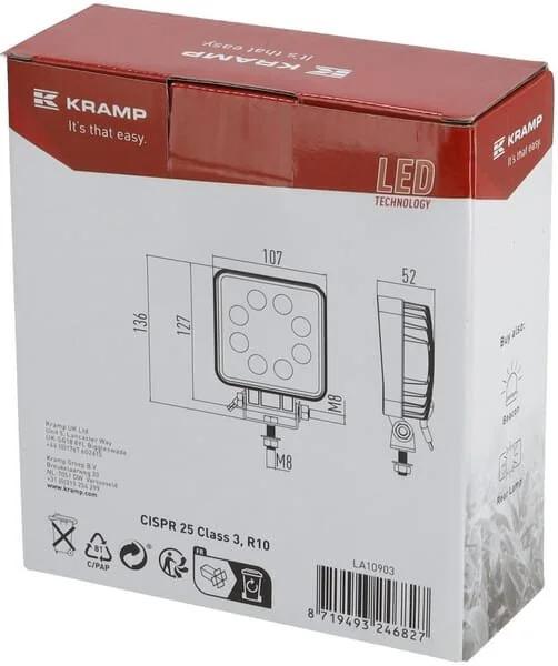 Kramp - LA10903 - Work Light LED, 24W, 2000lm, Square, White, Mm, Spot