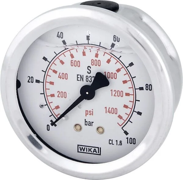 Wika - B711W063100T - Glycerine Pressure Gauge, 63 mm, 100 Bar, Rear Connection 1/4-inch