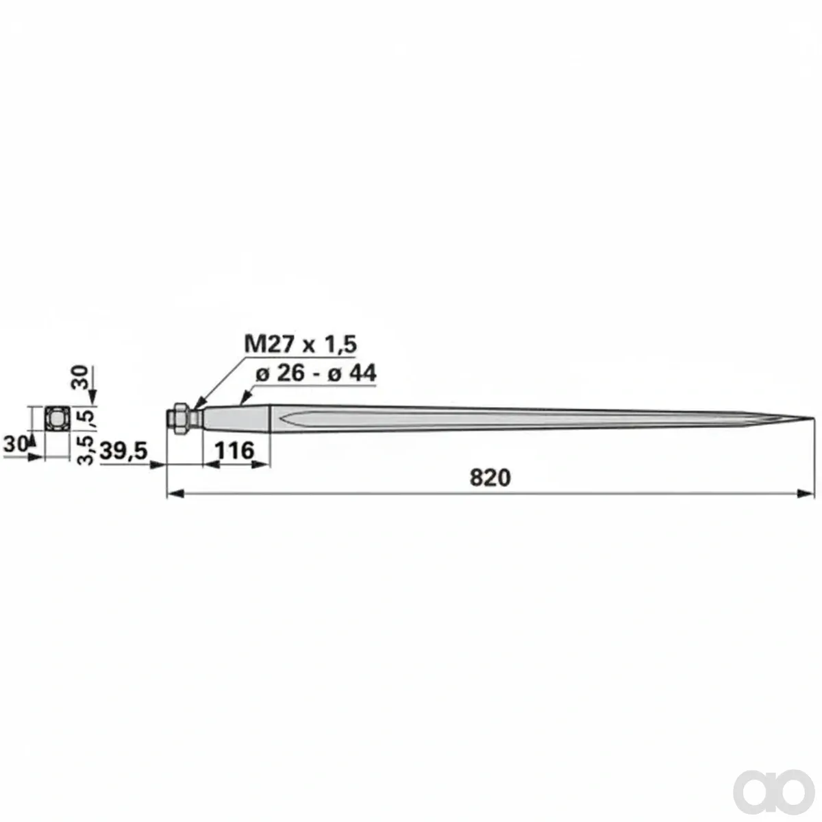 Prillinger-00190063 - Front loader tine M27x1.5 820 mm (00190063)