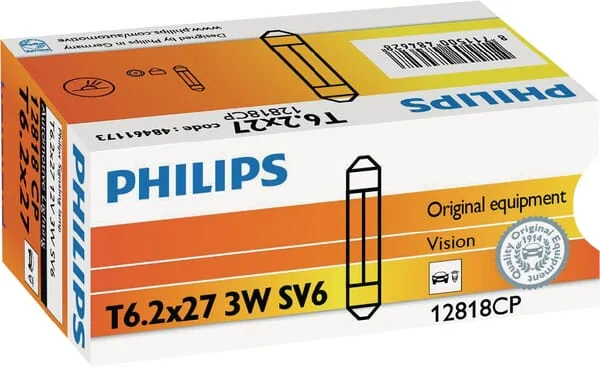 Philips - GL12818 - Festoon Bulb Conventional Tube T6.2X27 12V 3W SV6 White Philips